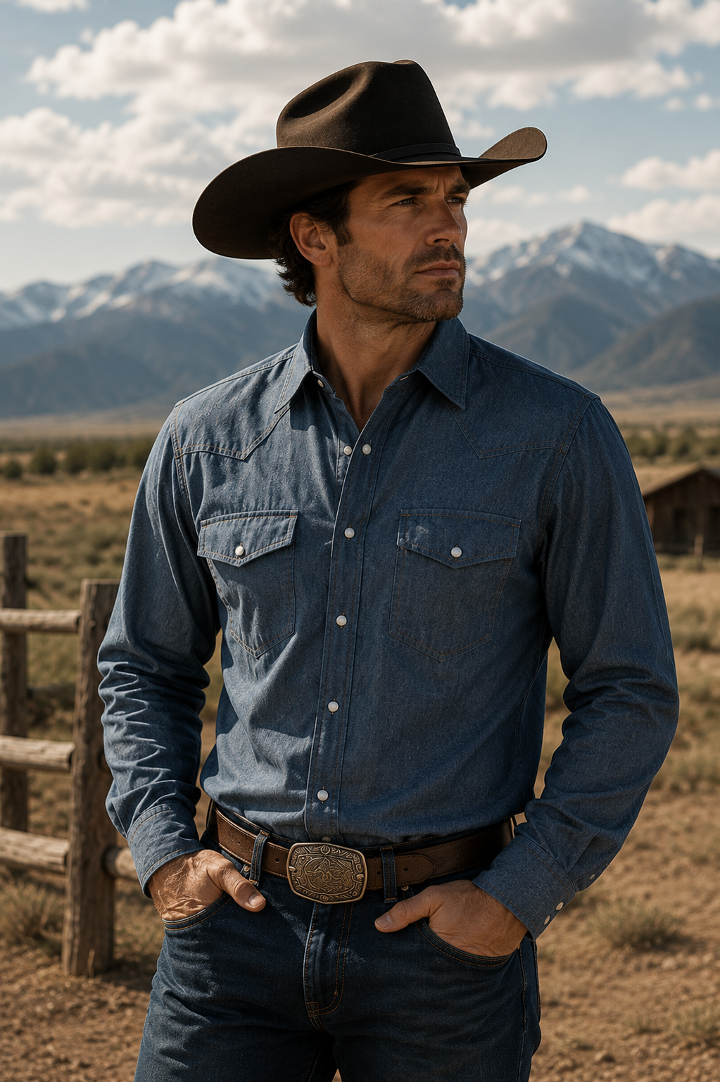 Långärmad Westernskjorta Denim