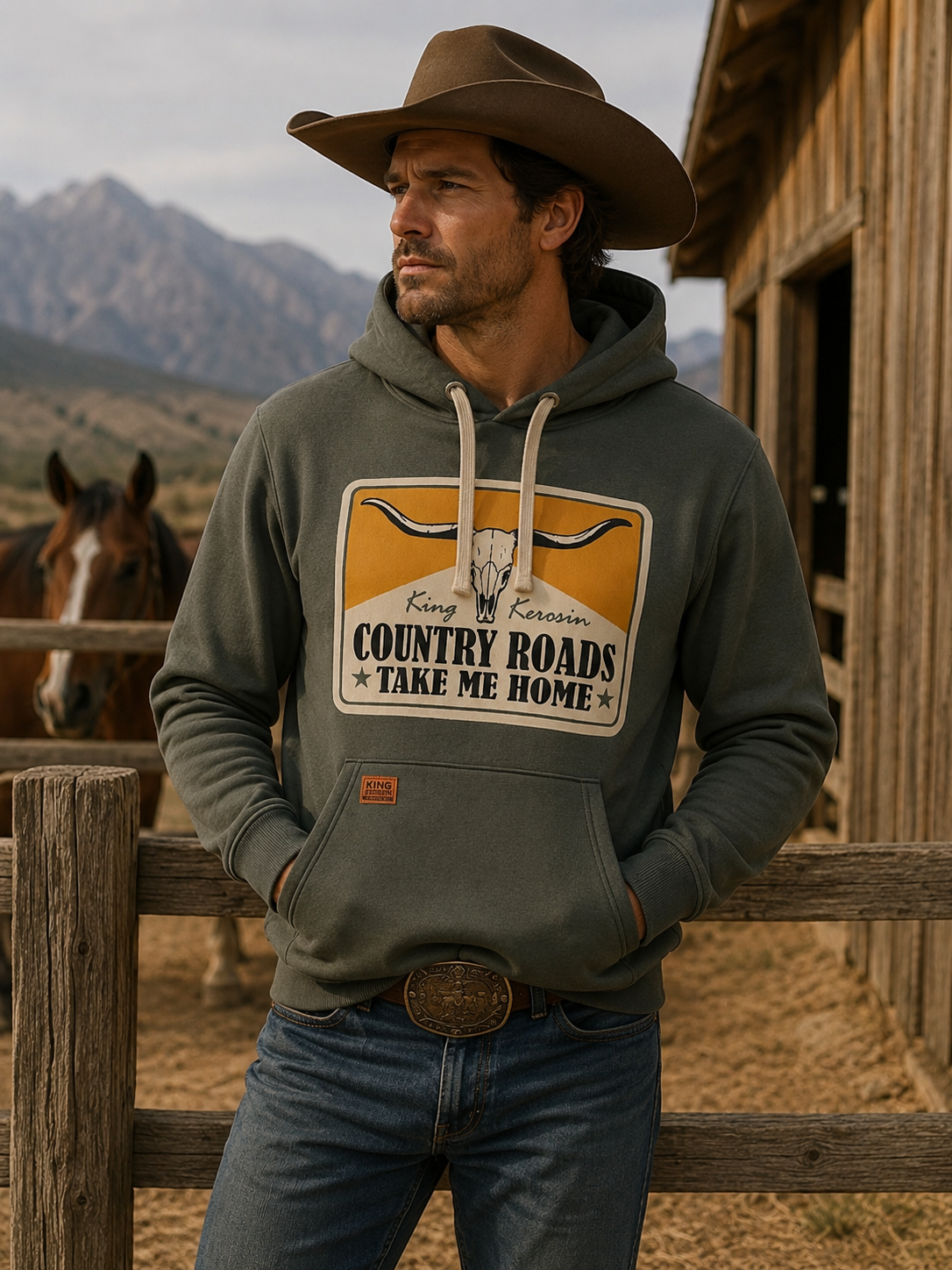 Olivgrön Hoodie Country Roads