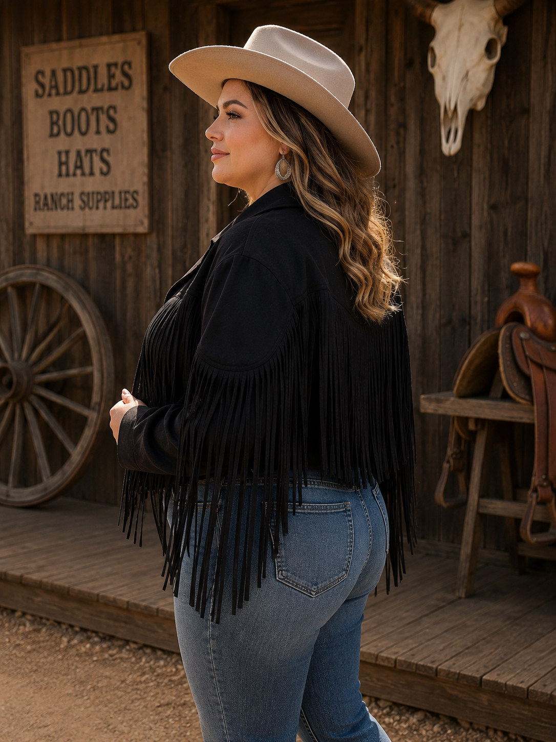 Svart fringe jacket - Plus Size