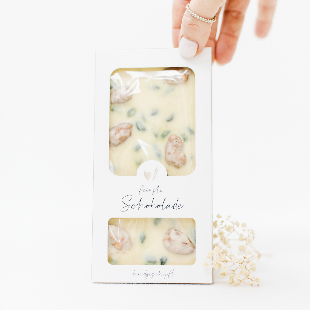 Lyxig vit choklad med pistage, mandel & apelsin